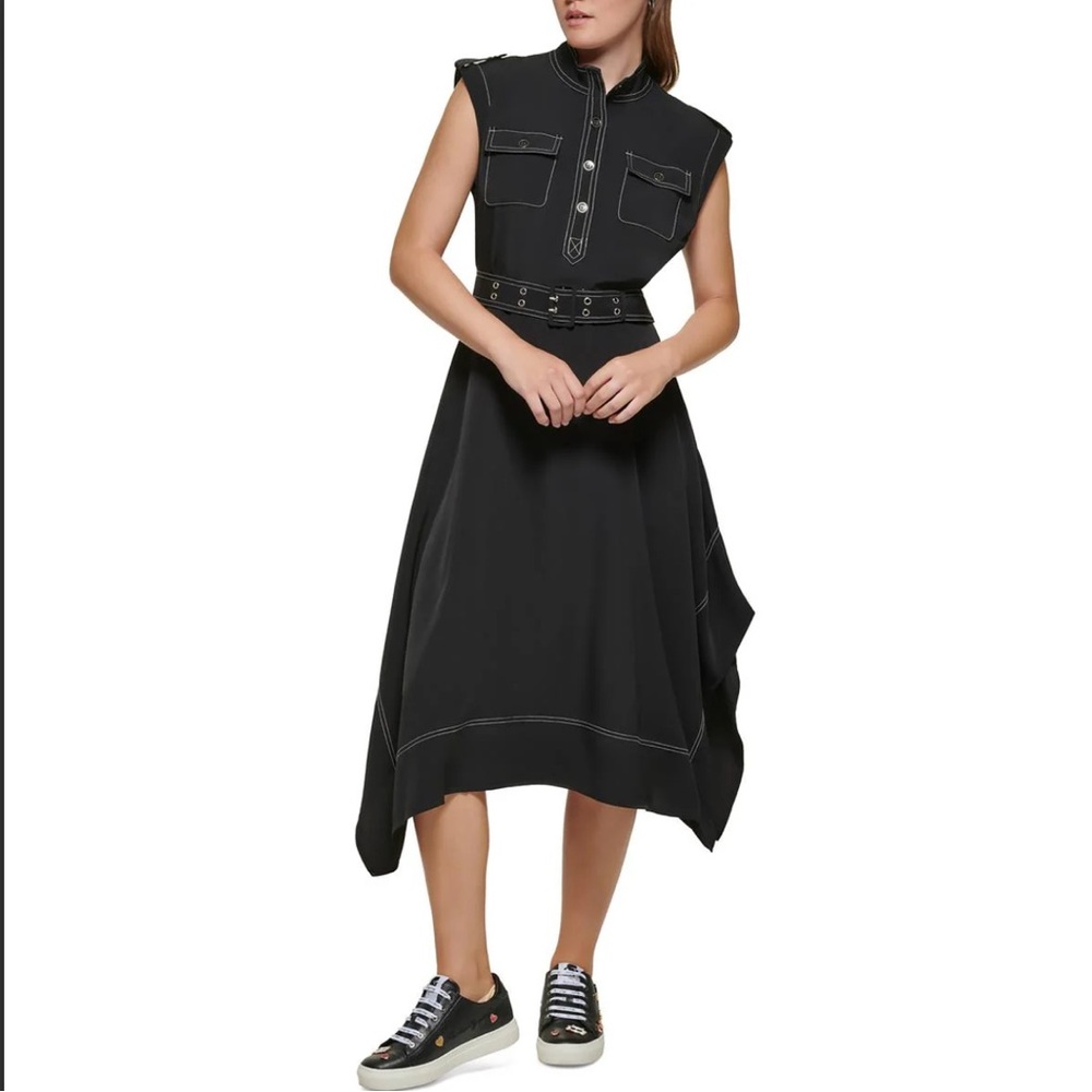 Karl Lagerfeld Women's Black Handkerchief Hem High Neck Midi Dress size 14
